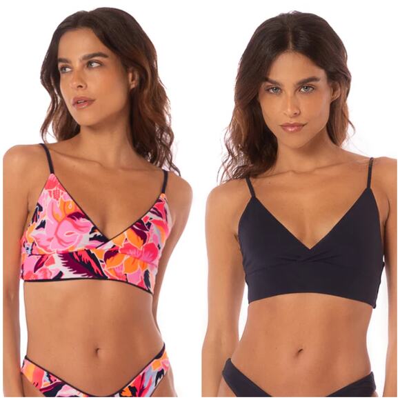 Maaji NWT Blue Floral Deep Criss Cross Triangle Long Line Bikini Top Size S - Picture 1 of 9